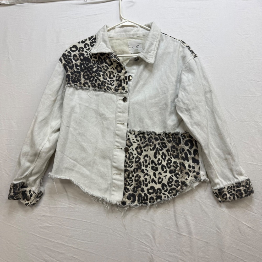 Le Lis Collection Leopard Print Patchwork Denim Jacket White Small Frayed Hem